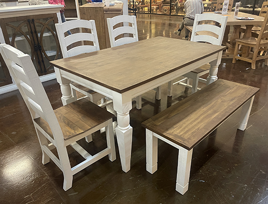 Frosted White w/Natural Brown 5'Willow Dining Table, 4 chairs, 1 Bench